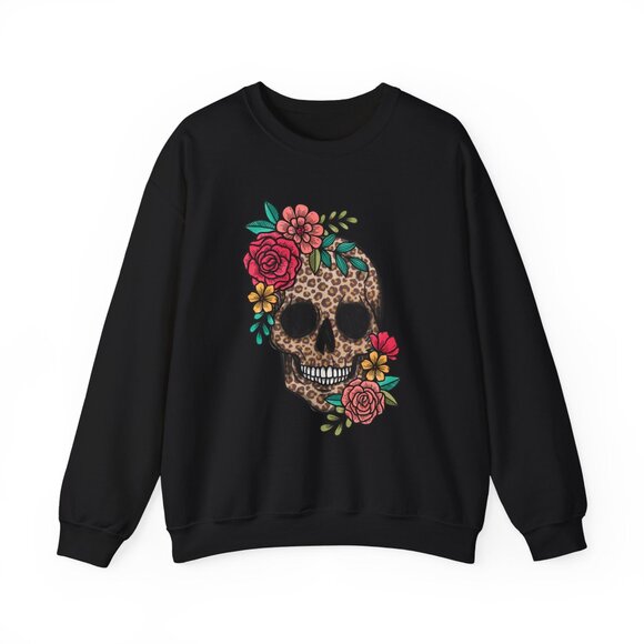 Skull with Vibrant Flowers Unisex Gildan Sweatshirt Crewneck - Picture 10 of 13